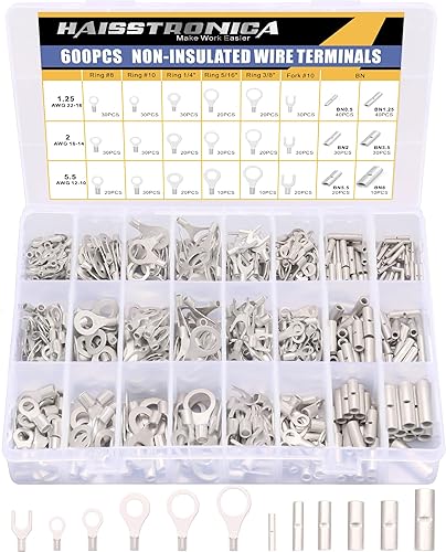 haisstronica 600PCS Non Insulated Ring Terminal Kit,AWG 22-10 Seamless Uninsulated Butt Splice Wire Terminals Assortment,Wire Crimp Connectors - Poueer