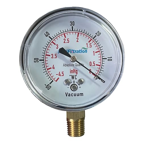 Vacuum Gauge 0 to -60' WC / 0 to -4 inHg, 2.5 Inch Dial, Chrome-Plated Steel Case, Brass Internals, 1/4 Inch NPT Bottom Mount, Dry Gauge for Air & Water Applications, ±1.5% Accuracy - Poueer