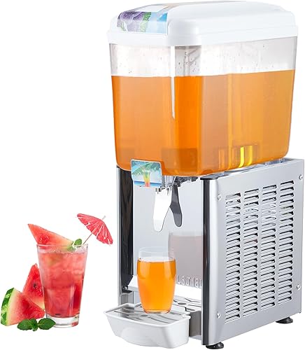 Commercial Beverage Dispenser, 1 Tank 18 L / 4.75 GAL Per Tank Juice Dispenser,180W Stainless Steel Ice Tea Drink Machine with 45°F-54°F Cooling Temperature, for Cold Drink Restaurant Bar Party - Poueer