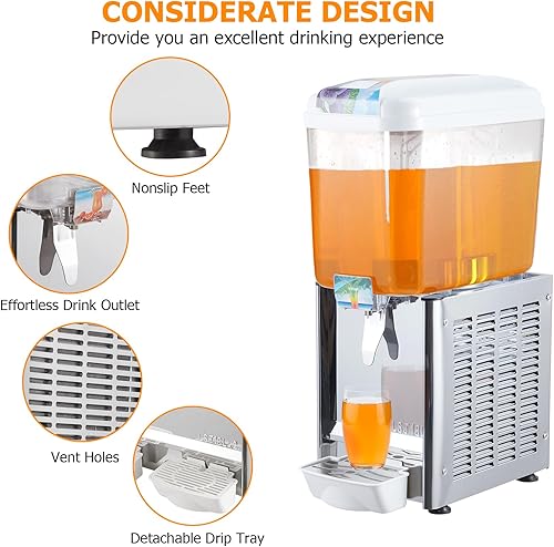 Commercial Beverage Dispenser, 1 Tank 18 L / 4.75 GAL Per Tank Juice Dispenser,180W Stainless Steel Ice Tea Drink Machine with 45°F-54°F Cooling Temperature, for Cold Drink Restaurant Bar Party - Poueer
