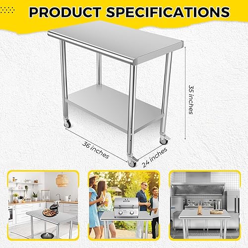 PULLAFUN Stainless Steel Table, 36 x 24 inches Kitchen Prep Work Tables, NSF Commercial Worktable with Adjustable Under Shelf for Restaurant Home and Hotel - Poueer