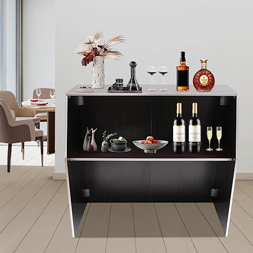 Folding Portable Event Bar, Black Aluminum Edge Foldable Bartender Table Cabinet Station with Top & Middle Shelves Mobile Laminate Foldable Bar for Parties and Events (Black+Aluminum Edge) - Poueer