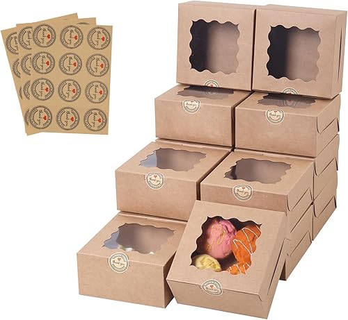100 pcs 6x6x3 Inches Small Cake Box with Window, Bakery Pastry Cookie Boxes, Mini Pie for Pastry,Dessert,Strawberries,Chocolates, Cupcakes with paper stickers (Brown) - Poueer