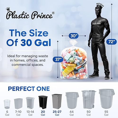20-30 Gallon Trash Bags, Clear Trash Bags 30'W x 37'L, 8 Micron Clear Garbage Bags, 20-30 Gal High-Density Garbage Can Liners, Fits Square and Round Trash Cans, Pack of 500 - Poueer