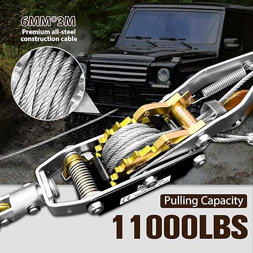 Come Along Winch Ratchet Tool 5 Ton Pulling Capacity 3 Hooks Steel Cable Dual Gear Power Puller with Two 1'x8FT Lifting Straps Hand Winch Cable Automotive Hoist Winch Puller Recovery Gear - Poueer