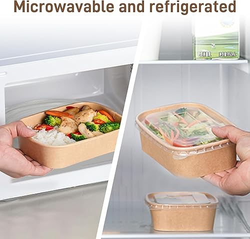 Paper Food Containers with Lids [50 pack] 35 oz Kraft Paper Meal Prep Containers with Lids, Microwavable and Freezer Storage Use Cardboard Food Containers, Disposable Take Out Containers - Poueer