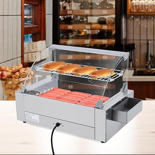 7-Roller Hot Dog Roller Machine with Dual Temperature Control, Holds 18 Hot Dogs, Non-Stick & Stainless Steel, LED Light, for Parties, Events & Food Stalls 1050W - Poueer