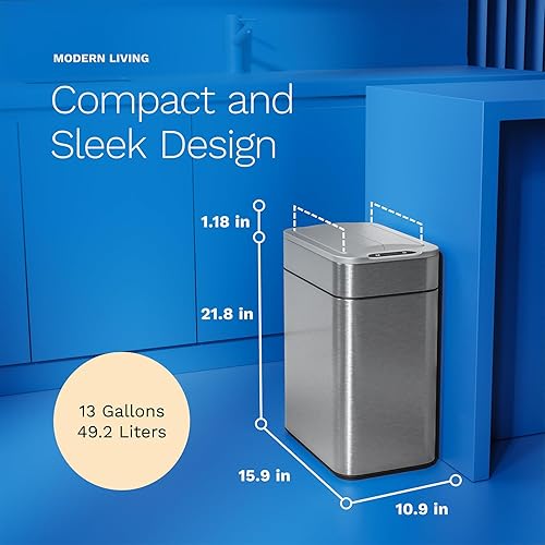 hOmeLabs - 13 Gallon Kitchen Trash Can - Retractable Automatic Sensor Butterfly Lid, Space-Saving Design, Easy to Clean, Battery-Operated with Batteries Included - Stainless Steel - Poueer