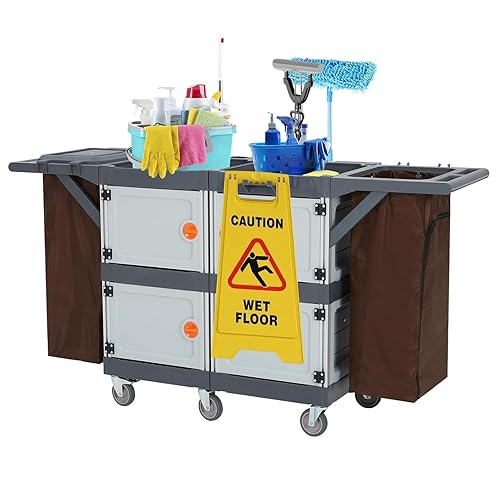 Commercial Janitorial Cart with 4 Cabinet, Hotel Cart Housekeeping Room Service Cart Hand Push Utility Cart with Wheels, Cleaning Cart with Wheels and Large Capacity Vinyl Bag, Housekeeping Carts - Poueer