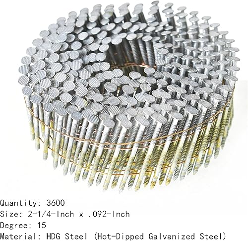 marddpair 1-3/4-Inch x .092-Inch Siding Nails 15-Degree Collated Wire Coil Full RoundHead Ring Shank Hot-Dipped Galvanized 3600 Count for Rough Nailing of Lathing and Sheathing Materials - Poueer