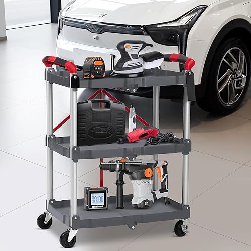 Foldable Utility Carts, 3-Tier Service Cart with Lockable Universal Wheels, Holds Folding Rolling Cart with Fixed Rope for Home, Office Garage and Warehouse No Assembly Require - Poueer