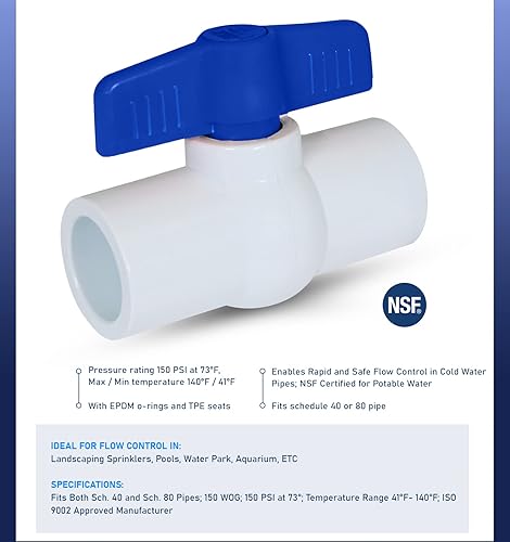 Midline Valve 487T400 PVC Ball Valve; Blue T-Handle for Potable Water; 4 in. Solvent Connections; White Plastic - Poueer
