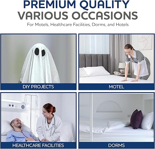 Linteum Textile Supply White Flat Sheet Twin 66x104 Inches 12-Pack Poly Cotton Blend 180 Thread Count Durable, Breathable Easy Care Top Sheets for Hotels, Hospitals, Spas, Healthcare Facilities - Poueer