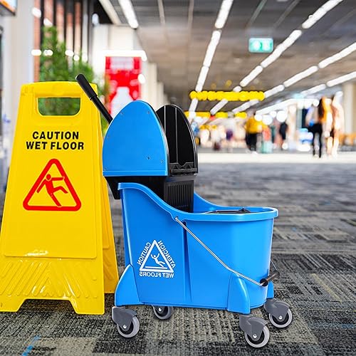 Mop Bucket with Wringer,Mop Bucket Separate Dirty Water for Floor Cleaning,Commercial Mop Buckets on Wheels,Blue - Poueer
