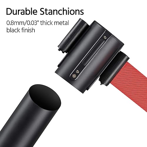 Yaheetech 4-Pack Stanchion Post Rope Barriers - Heavy Duty Black Crowd Control Stanchions 36-Inch Height with 6.5 Feet Red Retractable Belt Easy Connect Assembly - Poueer