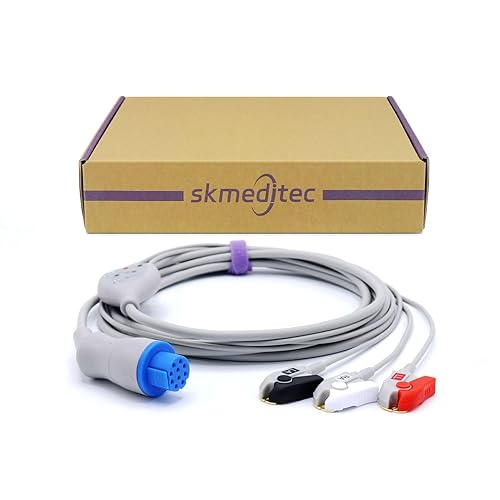 11FT 3 Leads Pinch AHA Cable Compatible with Datex Ohmeda Monitors. 4.7K RES. TPU Cord with 10-Pin Connector - Poueer