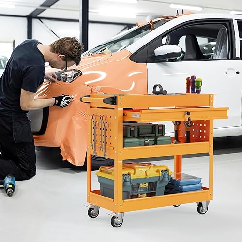 3 Tier Foldable Service Cart with Wheels, Rolling Collapsible Folding Utility Cart for Home, Office, Garage, and Warehouse (Red) - Poueer