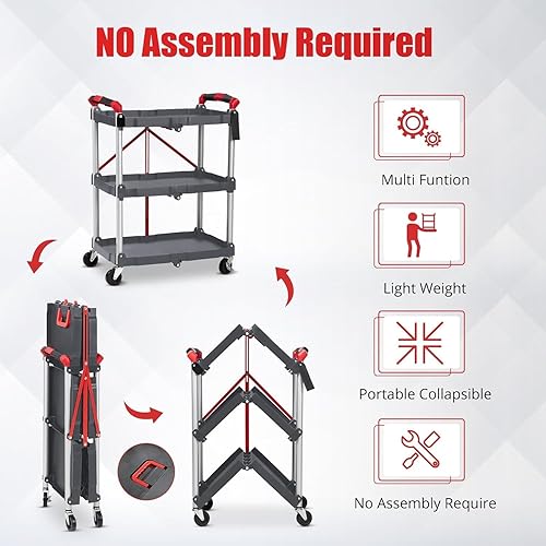 Foldable Utility Carts, 3-Tier Service Cart with Lockable Universal Wheels, Holds Folding Rolling Cart with Fixed Rope for Home, Office Garage and Warehouse No Assembly Require - Poueer