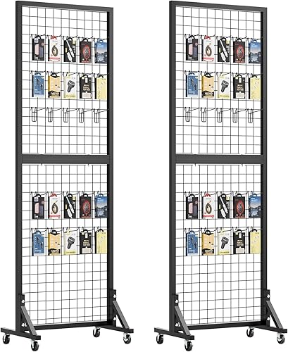 2' x 6' T Base Grid Wall Panels, 2 Pack Gridwall Panel Display Stand with Wheel, Heavy Duty Metal Grid Wall Panel with 50 Hooks, Two-Double Grid Wall Panel Display for Art Craft Display - Poueer