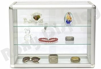 Black Aluminum Frame Tempered Glass Counter Top Display Showcase with Sliding Glass Door and Lock - Poueer
