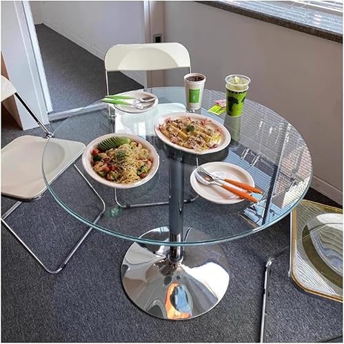 Round Glass Top Pedestal Table Glass Kitchen Dining Table 60/70/80cm Modern Circular 2-4 Seater Breakfast Bistro Table Chrome Base (70cm/27.3”) - Poueer