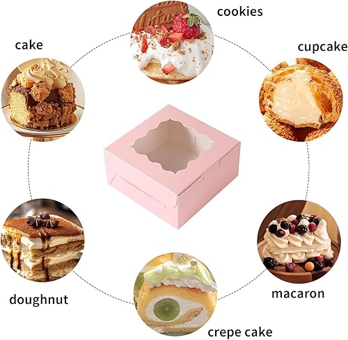 100 pcs 6x6x3 Inches Small Cake Box with Window, Bakery Pastry Cookie Boxes, Mini Pie for Pastry,Dessert,Strawberries,Chocolates, Cupcakes with paper stickers (Brown) - Poueer