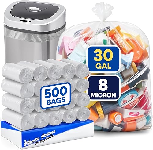 20-30 Gallon Trash Bags, Clear Trash Bags 30'W x 37'L, 8 Micron Clear Garbage Bags, 20-30 Gal High-Density Garbage Can Liners, Fits Square and Round Trash Cans, Pack of 500 - Poueer