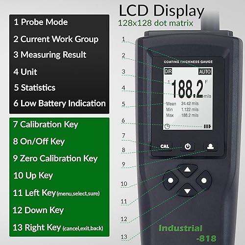 Digital Professional Coating Thickness Gauge Industrial-818 Paint Meter for Fe/NFe with Measuring Range: 0-197 mils | Resolution 0,001 mils - Poueer