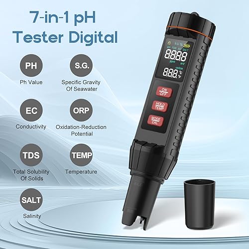 Pool Salt Tester, pH Meter, Versatile 7-in-1 Tds Salinity Tester EC Orp S.G. Temp and ph Tester Digital (0.01 Precision) for Aquarium Swimming Pool Hot Tub, Drinking, Hydroponics - Poueer