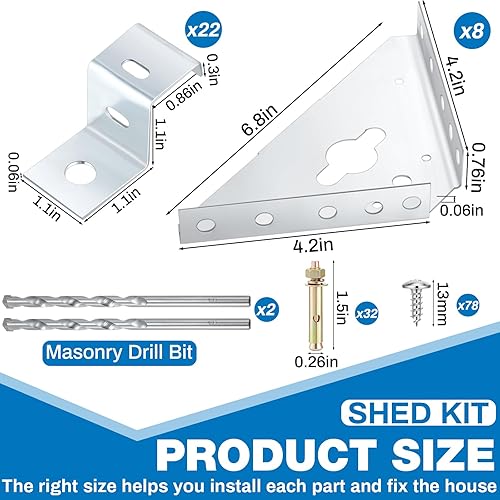 2 Sets 142 Pcs Shed Concrete Anchor Kit for Shed with 8 Pcs Steel Corner Gussets, 22 Pcs Hold Down Clips, 2 Pcs Drill Bit, 32 Pcs Bolt and 78 Pcs Screws for Garage Barn Foot Storage Shed - Poueer