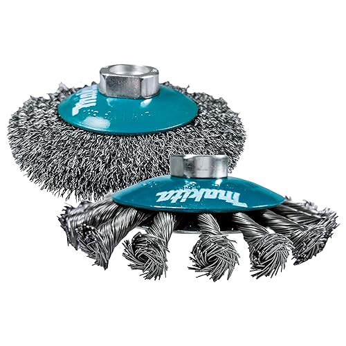 Makita 2 Piece - 4 Inch Crimped & Twist Wire Wheel Brush Set for 4.5' Grinders - Complete Conditioning for Metal - 4' x 5/8-Inch | 11 UNC - Poueer