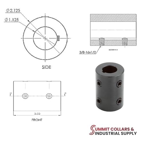SUMMIT COLLARS Brand RC-112-KW-4H Solid Rigid Coupling | Black Oxide Plated Mild Steel Rigid Coupling, RC-112-KW4H@90° | 1-1/8' Bore With 2-1/8' Outside Diameter | 3' Length | 3/8'-16 x 1/2' Set Screw - Poueer