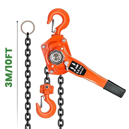 Vohala Manual Lever Hoist Come Along 3-2/1 TON 7716 LBS Capacity 10FT Lift 2 Heavy Duty Hooks Commercial Grade Steel for Lifting Pulling Construction Building Garages Warehouse Automotive Machinery - Poueer