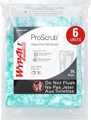 WypAll PowerClean ProScrub Heavy Duty Wet Towels (91371), Dual Action Cleaning, Large 9.5' x 12' Wipes, Bucket Included (6 Containers of 75 Sheets, 450 Sheet Total) - Poueer