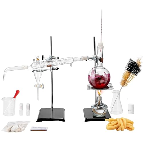VEVOR Essential Oil Distillation Kit, 500ml Distillation Apparatus, 3.3 Boro Lab Glassware Distillation Kit with Alcohol Lamp, Ceramic Mesh and 24, 40 Joint, 28 pcs Set - Poueer