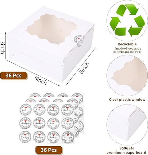 100 pcs 6x6x3 Inches Small Cake Box with Window, Bakery Pastry Cookie Boxes, Mini Pie for Pastry,Dessert,Strawberries,Chocolates, Cupcakes with paper stickers (Brown) - Poueer