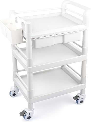 Medical Mobile Trolley Cart 3 Tier 500 Lbs Spacious Beauty Salon Rolling Trolley with Dirt Buckets Drawers 360°Rotate Wheels Heavy Duty Medical Utility Cart for Hospital Dental Clinic - Poueer