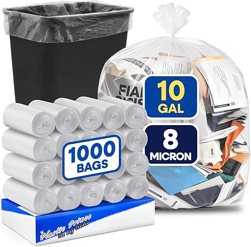 PLASTIC PRINCE) 7-10 Gallon Trash Bags, Small Office Trash Bags, 8 Mic Wastebasket Liners, 24' x 24' Clear Garbage Bags for Office Trash Cans Kitchen Bathroom, Pack of 1000 - Poueer