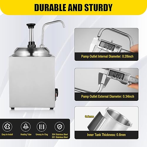 Stainless Steel Sauce Dispenser Pump Station, 3L Electric Sauce Heater Commercial Warmer for Syrup Salad Ketchup Dressing BBQ Seasoning Condiment - Poueer