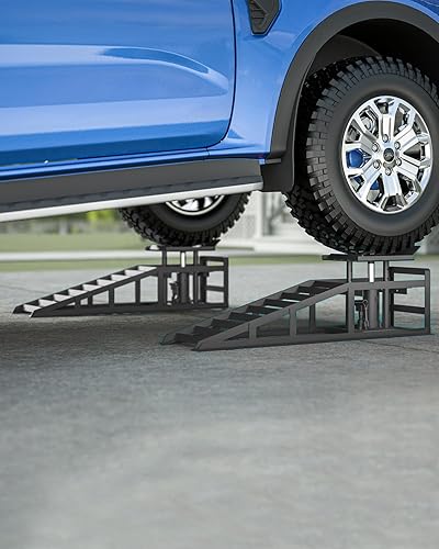 Hydraulic Car Ramps, 4-Position Adjustment, 5T 11000lbs Low Profile Car Lift Service Ramps Truck Trailer Garage,Height Hydraulic Vehicle Ramps, Lift Height 11.61-16.21 inches - Poueer