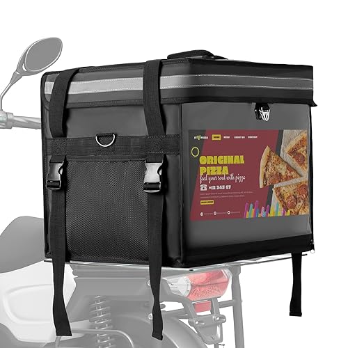 Insulated Food Delivery Bag for E-bikes/Scooters/Motorcycles, Waterproof Delivery Bag with Carrier Rack,Perfect for Catering,Restaurants,Delivery Drivers,Doordash and more,62L - Fit 14'' Pizza box - Poueer