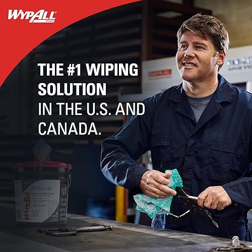 WypAll PowerClean ProScrub Heavy Duty Wet Towels (91371), Dual Action Cleaning, Large 9.5' x 12' Wipes, Bucket Included (6 Containers of 75 Sheets, 450 Sheet Total) - Poueer