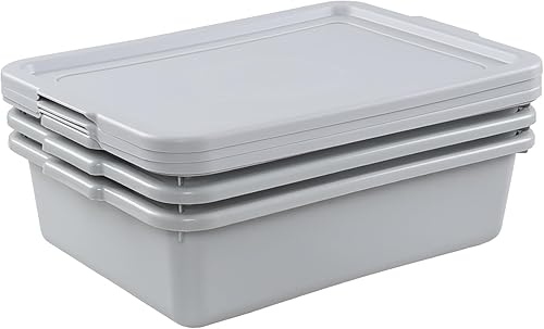 3-Pack 13 L Commercial Bus Tub Box, Plastic Restaurant Bus Tubs with Lids, Grey - Poueer