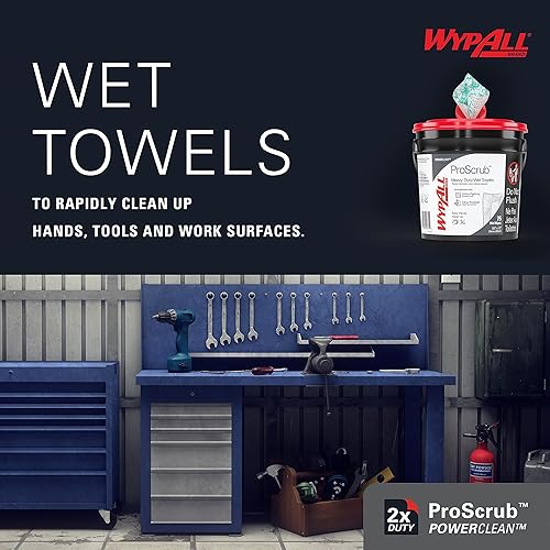 WypAll PowerClean ProScrub Heavy Duty Wet Towels (91371), Dual Action Cleaning, Large 9.5' x 12' Wipes, Bucket Included (6 Containers of 75 Sheets, 450 Sheet Total) - Poueer