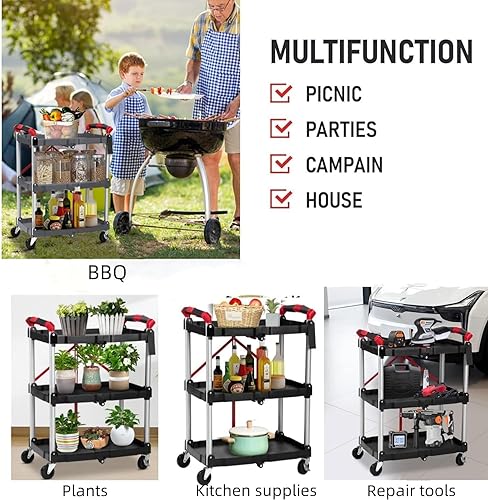 Foldable Utility Carts, 3-Tier Service Cart with Lockable Universal Wheels, Holds Folding Rolling Cart with Fixed Rope for Home, Office Garage and Warehouse No Assembly Require - Poueer
