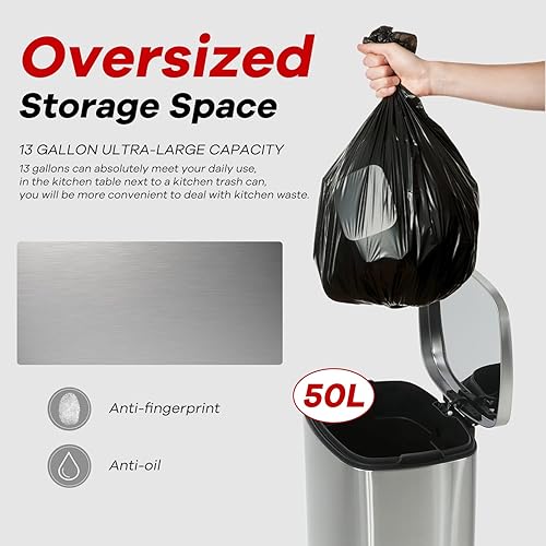 Trash Can, Garbage Can 13 Gallon/ 50L Stainless Steel Metal Bathroom Step Waste Bin for Home and Kitchen Waste and Recycling,Pink - Poueer