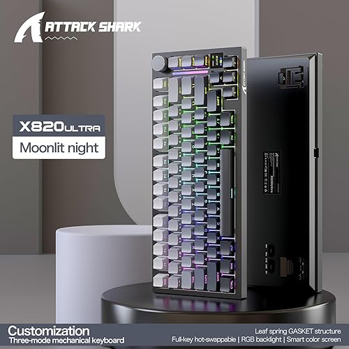 ATTACK SHARK X820ULTRA Wireless Gaming Mechanical Keyboard with TFT Smart Display&Knob,Side Printed PBT,Gasket Mounted 75% TKL Keyboard,BT5.0/2.4GHz/USB-C,RGB Backlit（White Contour,Shark Switch - Poueer