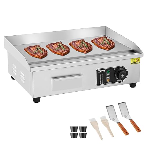 VEVOR Electric Griddle for Commercial Use, Temperature Range 122℉-572℉, 3200W Countertop Grill, Dimensions 22 inches, Includes Stainless Steel Surface, 2 Shovels, and 2 Brushes(No Plug) - Poueer