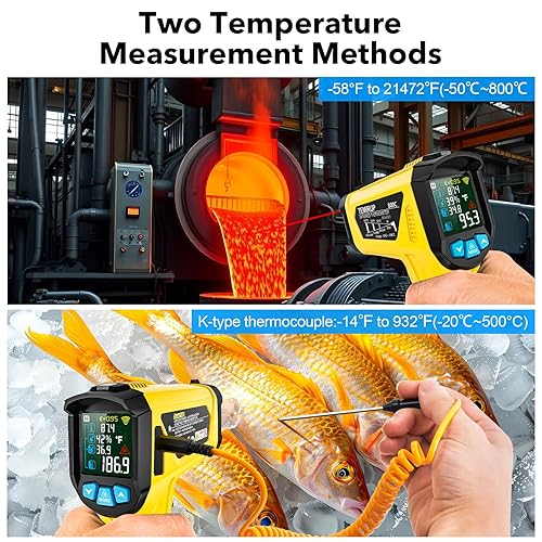 Infrared Thermometer Gun, TEMIRUP Non Contact Digital Laser Temperature Gun with K-Probe for Industrial, Cooking, Griddle,Engine, HVAC, Humidity,Adjustable Emissivity -58°F to 1472°F(-50~800°C) - Poueer