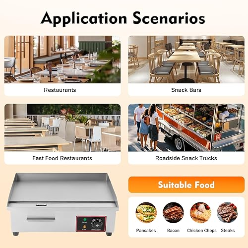 110V 1600W Commercial Electric Countertop Griddle Commercial Grill Griddle Stove Stainless Steel Flat Top Griddle with Adjustable Thermostatic Control for Home, Kitchen, Restaurant - Poueer